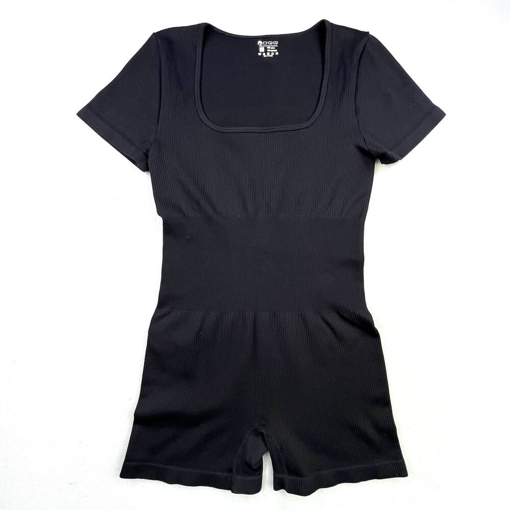 OQQ Exercise Romper Bodysuit Size L Black Ribbed One Piece Stretch Unitard